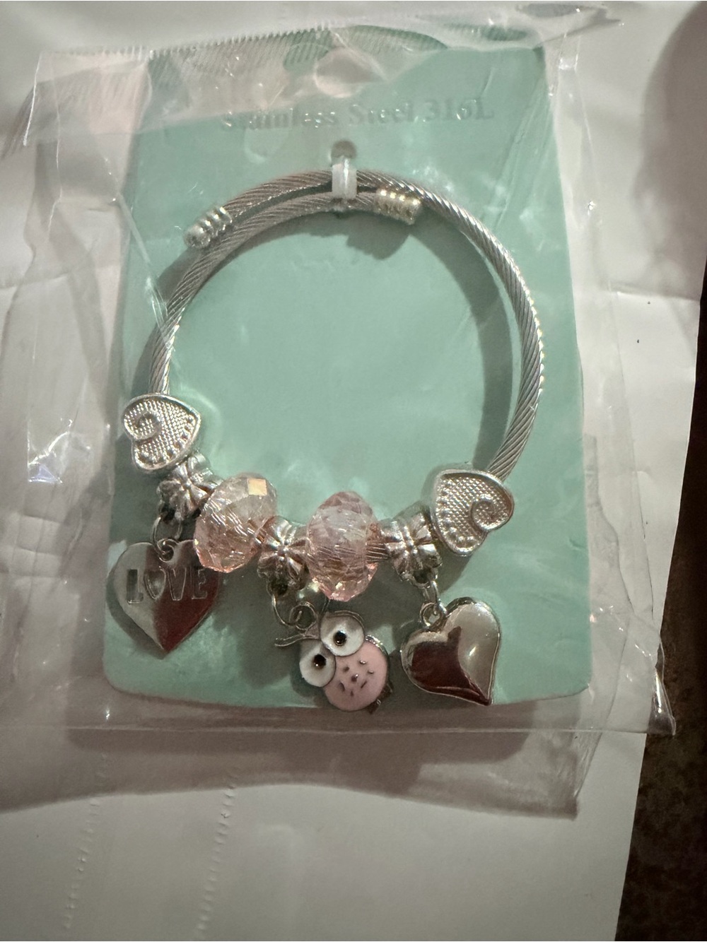 Mint Silver-Tone Bracelet with Pink Beads, Owl & Heart Charms